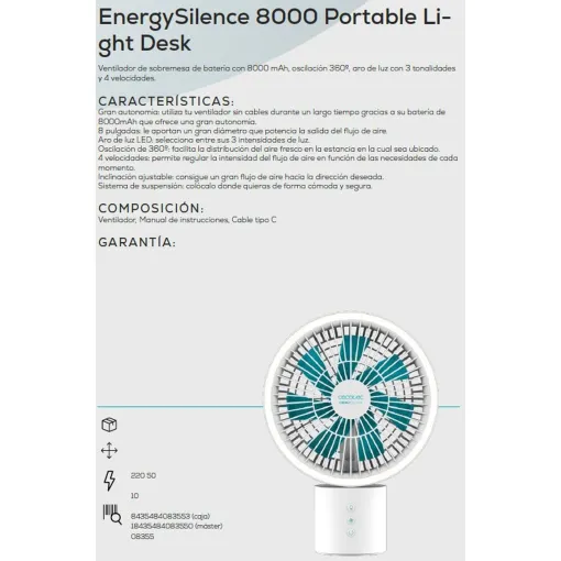 Ventilador de sobremesa 8355/ Energy Silence 8000 Portable Light CECOTEC