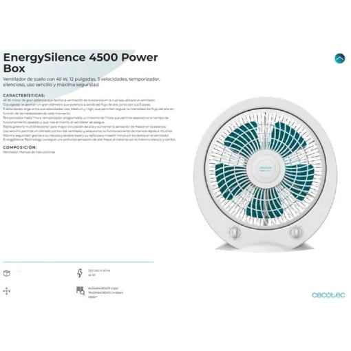 Ventilador Box Fan, 30 cm, 45 W, Energy Silence 4500 Power Box CECOTEC
