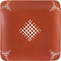 Plato de aperitivo cuadrado color teja, con diseño tribal en blanco, 18x18 cm 
