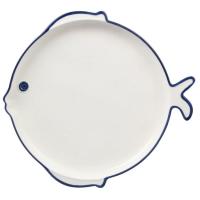 Fuente blanca con forma de pescado, borde y ojo azul, 28x26 cm