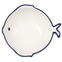 Bol blanco con forma de pescado, borde y ojo azul, 19 cm