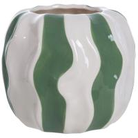Jarrón de cerámica blanco con rayas irregulares verdes, 14x12 cm