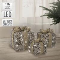  Caja de regalo gris con lazo luz led blanco cálido, pilas no incluidas, set 3 uds