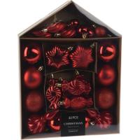 Adornos rojos diferentes para árbol Navideño, caja tipo casa, set de 32 piezas