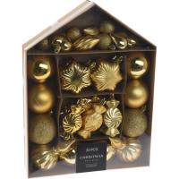 Adornos dorados diferentes para árbol Navideño, caja tipo casa, set de 32 piezas