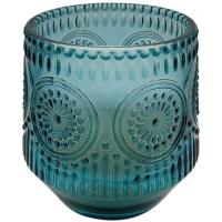 Vela en vaso de vidrio azul labrado, aroma sal marina, 9,5x9,6 cm
