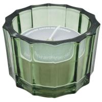 Vela en vaso de vidrio verde facetado, aroma canela roja, 9x7 cm