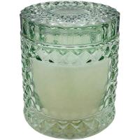 Vela en vaso con tapa, vidrio verde labrado, aroma canela roja, 8,5x10 cm