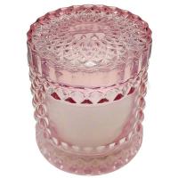 Vela en vaso con tapa, vidrio rosa labrado, aroma algodón dulce, 8,5x10 cm