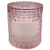 Vela en vaso con tapa, vidrio rosa labrado, aroma algodón dulce, 8,5x10 cm