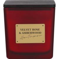 Vela en vaso cuadrado, vidrio rojo, tapa de madera, aroma a rosa, 8,5x8,9 cm
