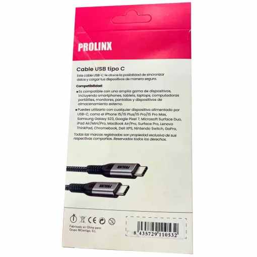 Cable de carga y transferencia USB-C a USB-C 240W, 5A nylon negro PROLINX, 1 metro