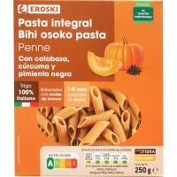 Pasta integral penne con calabaza y curcuma EROSKI, caja 250 g