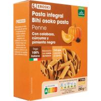 Pasta integral penne con calabaza y curcuma EROSKI, caja 250 g