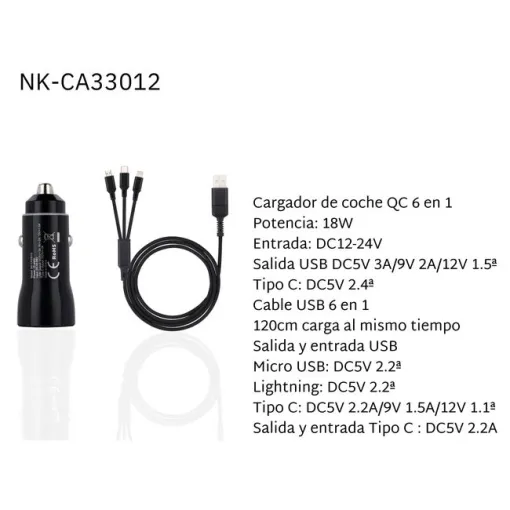 Cargador coche 6en1 18W USB NK-CA33012 NK