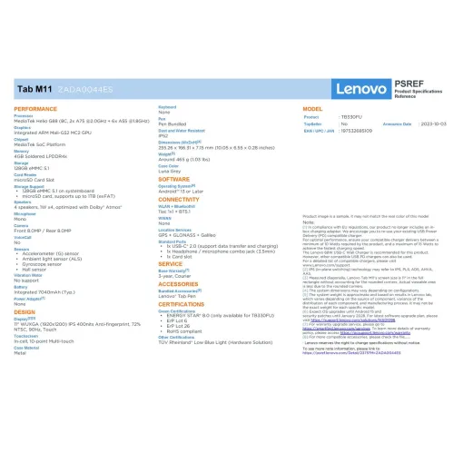 Tablet de 11" 4+128 GB, Tab M11+Lápiz LENOVO