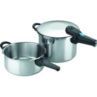 Olla a presión super rápida Omega Duplex, apta para todo tipo de cocinas, triple sistema de seguridad, 2 velocidades de cocinado ALZA, set 4+6 litros