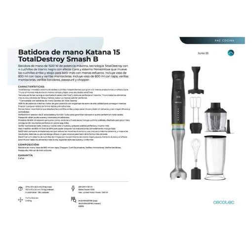 Batidora de mano, 1500W,  Katana 15 TotalDestroy Smash B CECOTEC