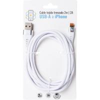 Cable trenzado de carga y datos, blanco, USB-A a iPhone Lightning, 2 A, 2 metros