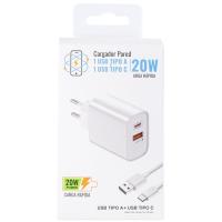 Cargador de red blanco, carga rápida, con dos puertos: USB-A y USB-C, 20W