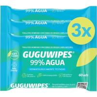 Toallitas húmedas 99% agua GUGUWIPES, pack 3x60 uds