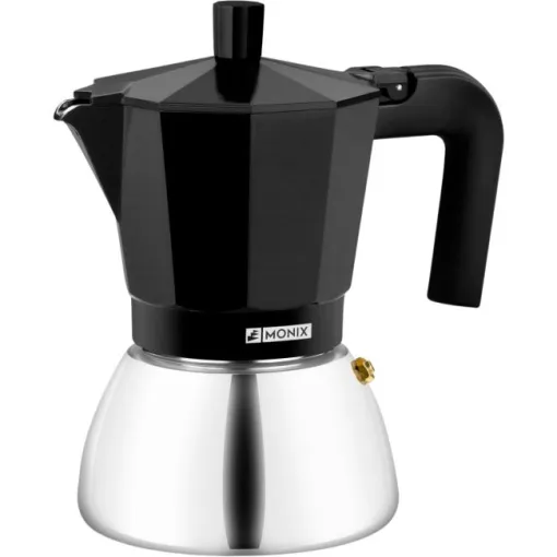 Cafetera Italiana negra Induction inox, tecnologia Bi-clad, mango termoresistente, apta para todo tipo de cocinas MONIX, 6 tazas