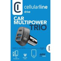 Cargador coche Multipower Trío negro: 2 USB-A y 1 USB-C, 44W, 12/24V CELLULAR LINE