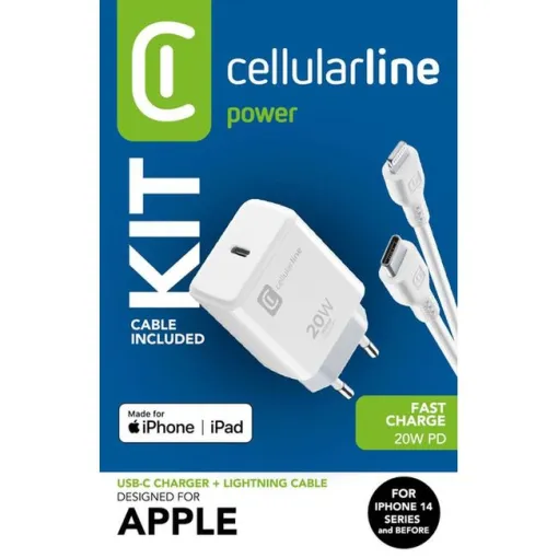 Cargador de red USB-C 20W y cable USB-C a Lightning, 100 cm, blanco CELLULAR LINE