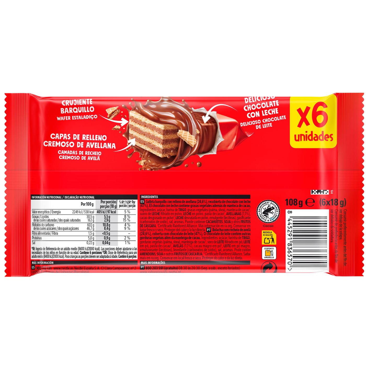 Barrita choco leche sabor avellana NESTLÉ EXTRAFINO, bolsa 108 g