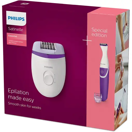 Philips Satinelle Essential Depiladora con cable compacta, perfilador para zona bi
