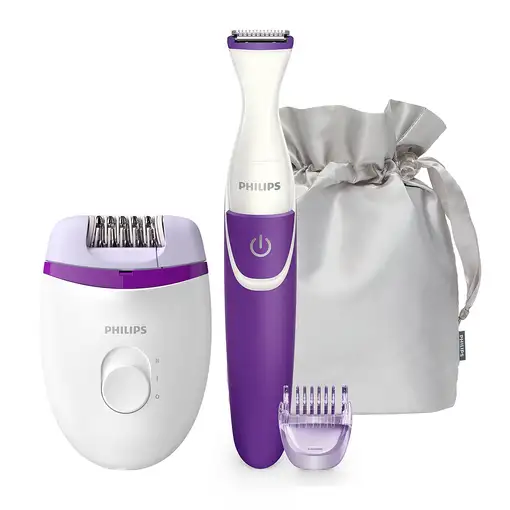 Philips Satinelle Essential Depiladora con cable compacta, perfilador para zona bi