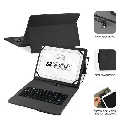 Funda para Tablet Con Teclado Micro Usb a Usb C Keytab Pro Usb 9.6\a 11\  Negro
