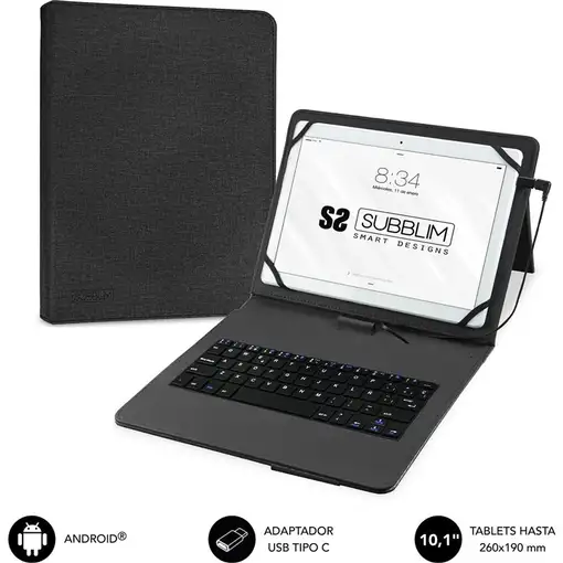 Funda para Tablet Con Teclado Micro Usb a Usb C Keytab Pro Usb 9.6''a 11'' Negro