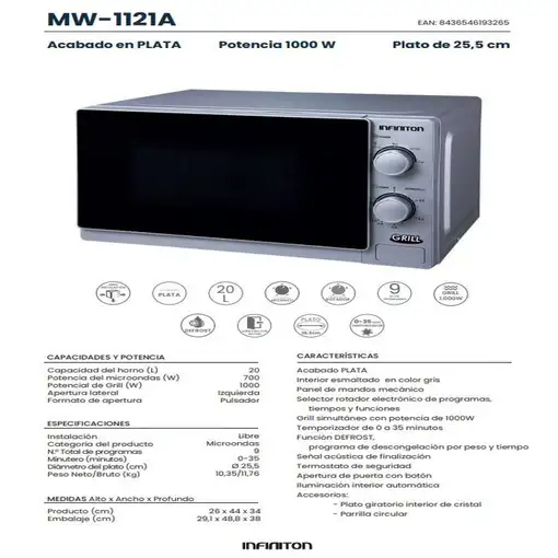 Infiniton MW-1121A Acero inoxidable Microondas con grill Encimera 20 L 700 W