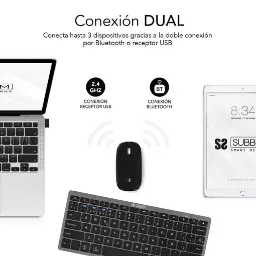 Teclado Con Ratón Bluetooth + 2.4G Combo Multidispositivo Compacto  Gris Negro