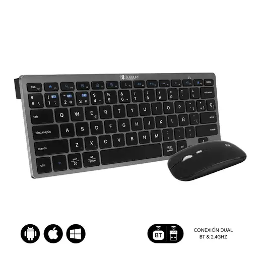 Teclado Con Ratón Bluetooth + 2.4G Combo Multidispositivo Compacto  Gris Negro