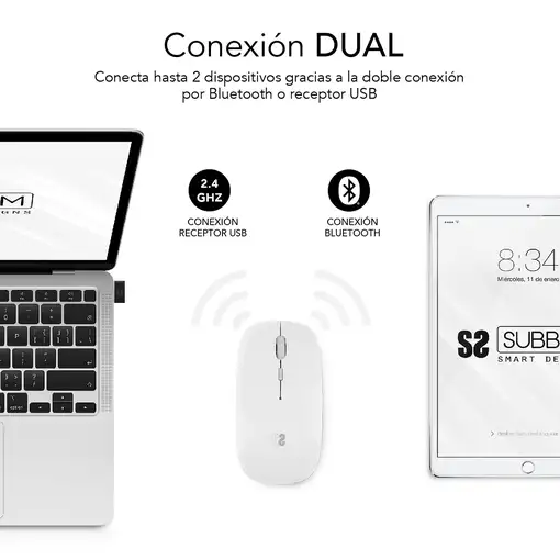 Ratón Óptico Wireless Dual Flat Recargable  Blanco