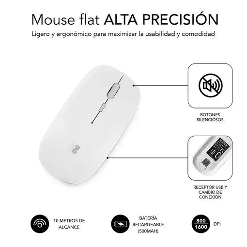 Ratón Óptico Wireless Dual Flat Recargable  Blanco