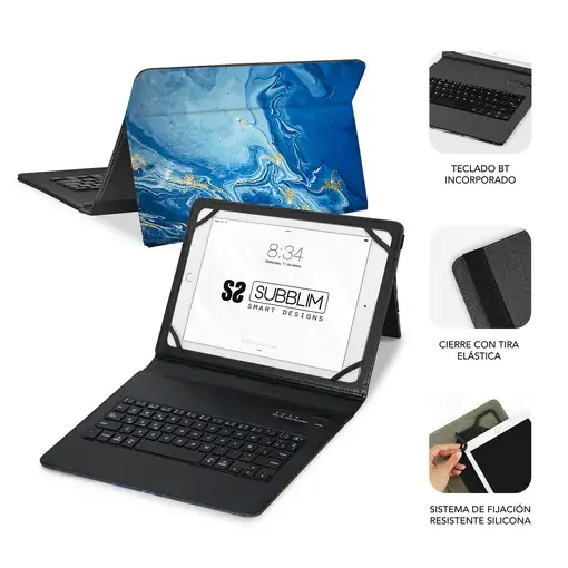 Funda Con Teclado Keytab Pro Bluetooth Trendy Mármol Azul