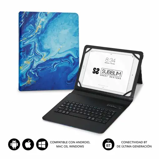 Funda Con Teclado Keytab Pro Bluetooth Trendy Mármol Azul