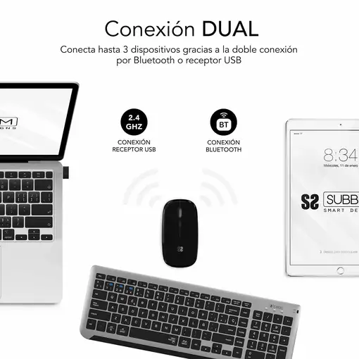 Teclado Con Ratón Bluetooth + 2.4G Combo Dual Prestige Extendido  Gris Negro