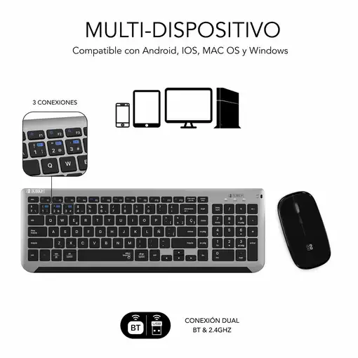 Teclado Con Ratón Bluetooth + 2.4G Combo Dual Prestige Extendido  Gris Negro