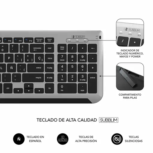 Teclado Con Ratón Bluetooth + 2.4G Combo Dual Prestige Extendido  Gris Negro