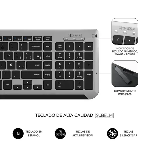 Teclado Con Ratón Bluetooth + 2.4G Combo Dual Prestige Extendido  Gris Negro