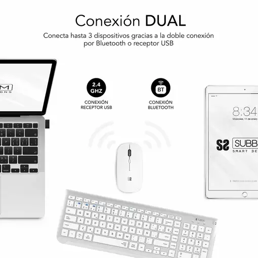 Teclado Con Ratón Bluetooth + 2.4G Combo Dual Prestige Extendido  Blanco Plata