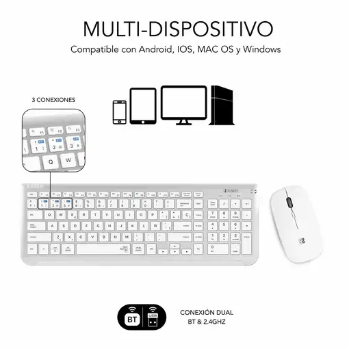 Teclado Con Ratón Bluetooth + 2.4G Combo Dual Prestige Extendido  Blanco Plata
