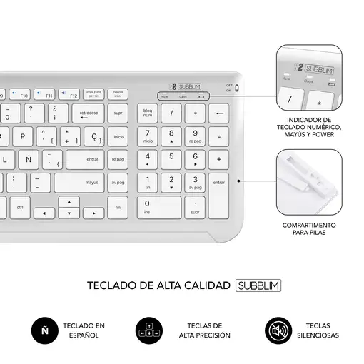 Teclado Con Ratón Bluetooth + 2.4G Combo Dual Prestige Extendido  Blanco Plata