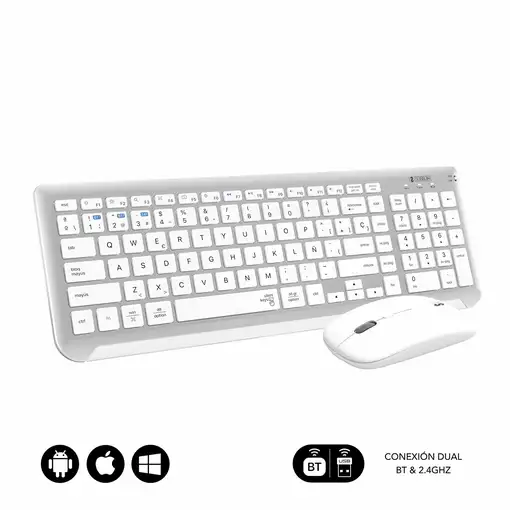 Teclado Con Ratón Bluetooth + 2.4G Combo Dual Prestige Extendido  Blanco Plata