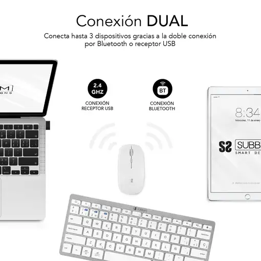 Teclado Con Ratón Bluetooth + 2.4G Combo Multidispositivo Compacto  Blanco Plata