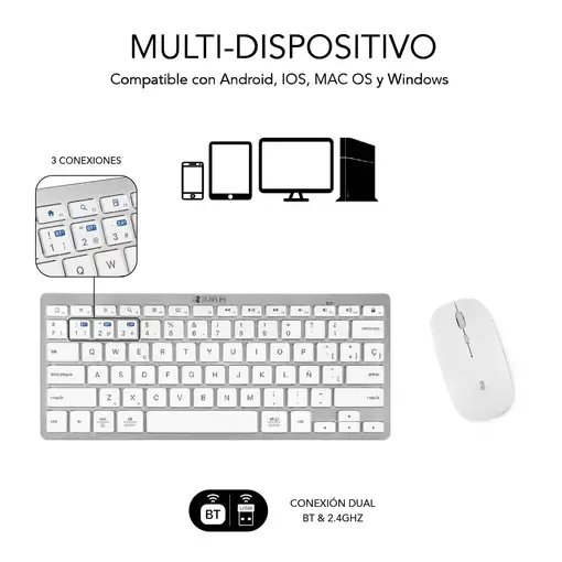 Teclado Con Ratón Bluetooth + 2.4G Combo Multidispositivo Compacto  Blanco Plata